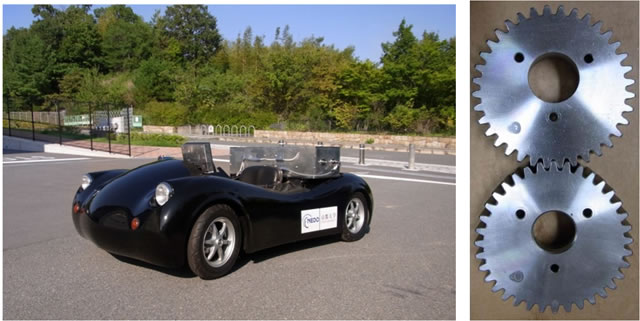 図1:駆動力抜けのない変速システムを搭載した電気自動車EVUT (Electric Vehicle with Uninterrupted Transmission) と変速システム用非円形歯車の例